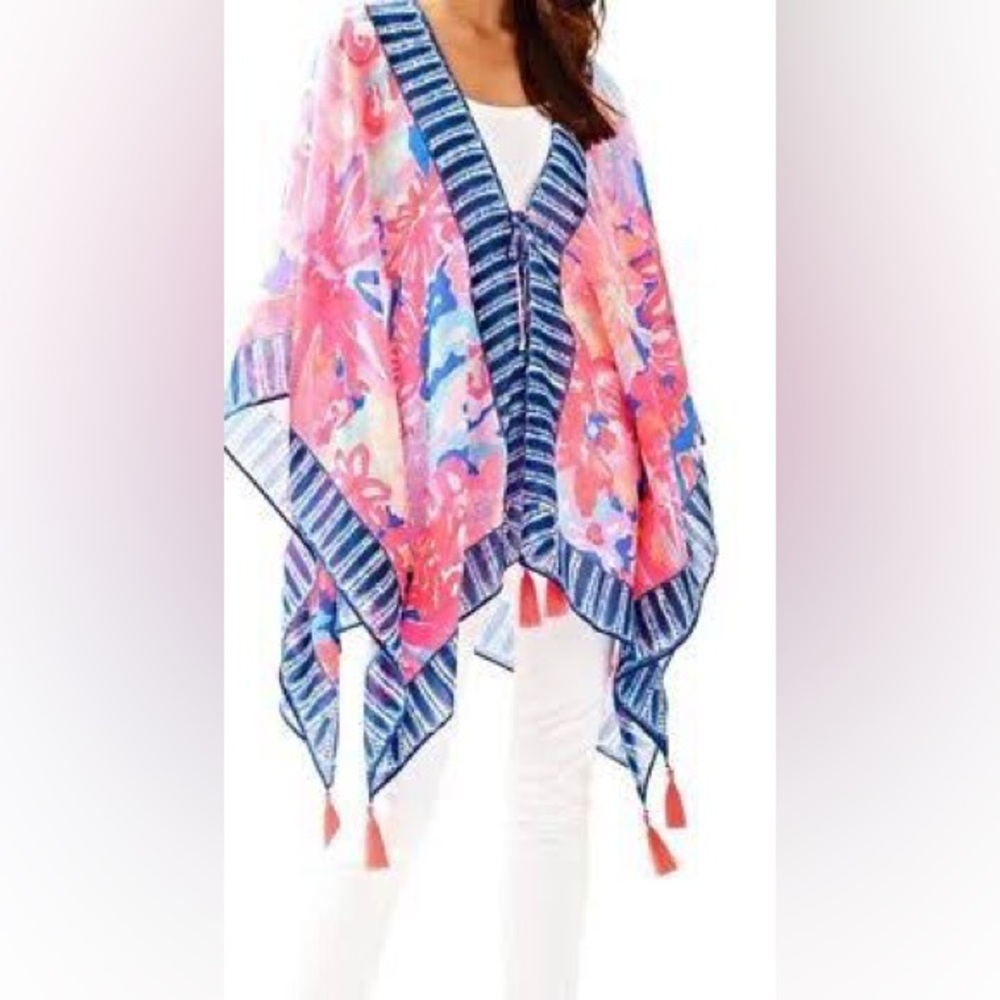 Lilly Pulitzer Pink Blue Floral Tassel Poncho Cape